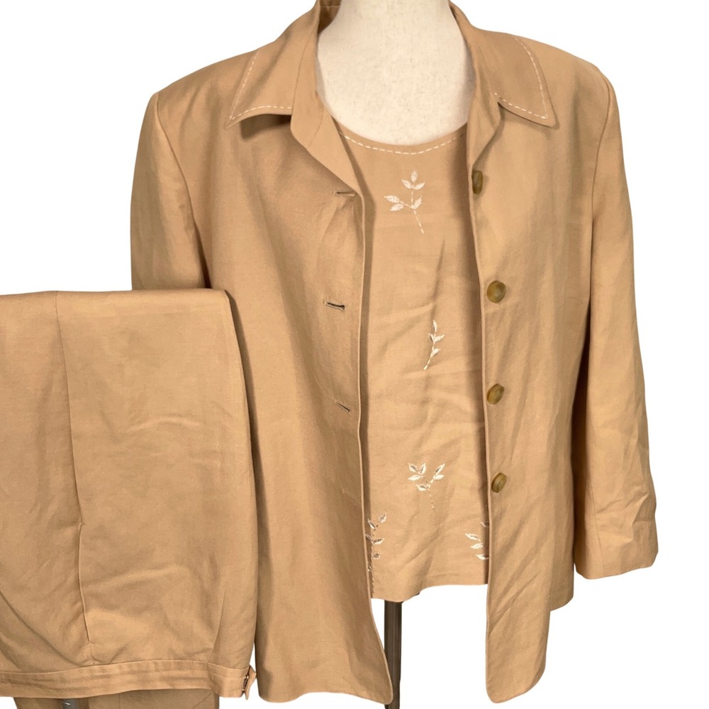 Kasper 3 Pc Pant Suit Women 18 Tan Embroidered Career Lightweight‎ Linen Summer
